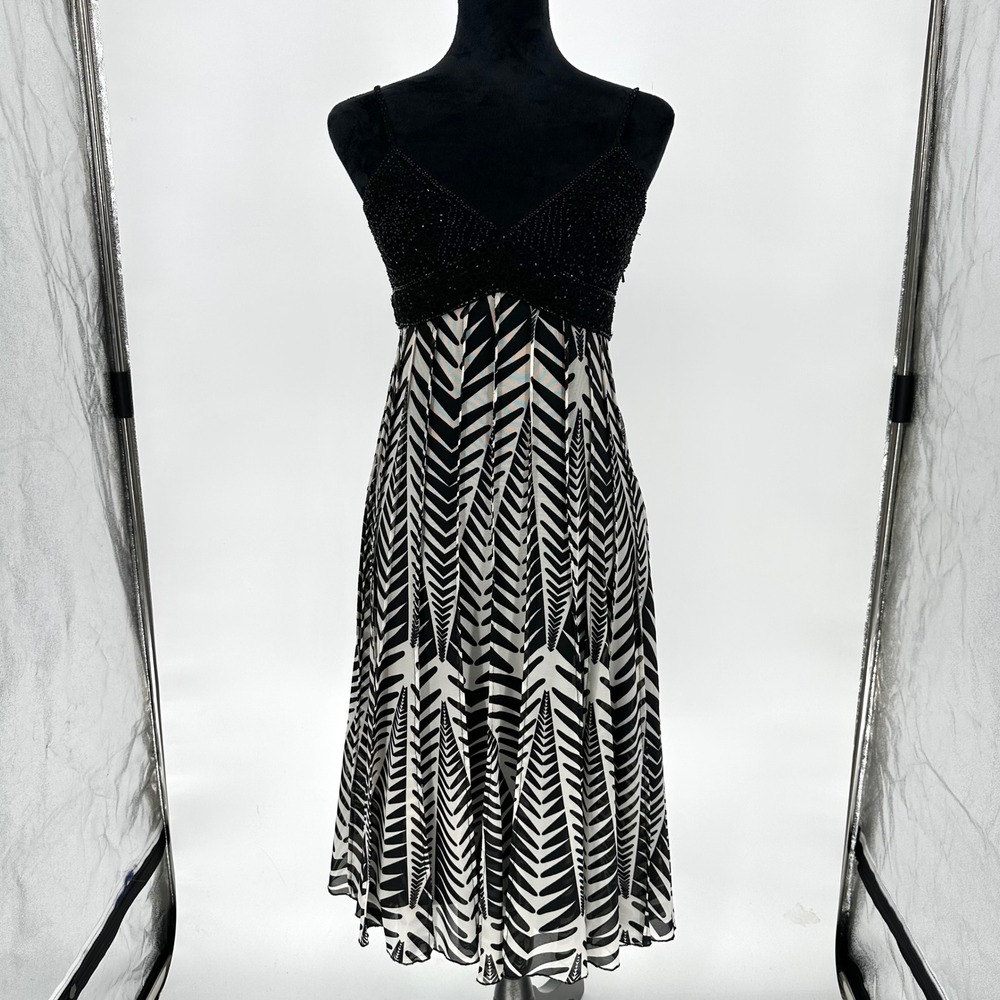 Y2K ECI Black Beaded Abstract Pleated Midi Dress Boho Whimsigoth Women's 2